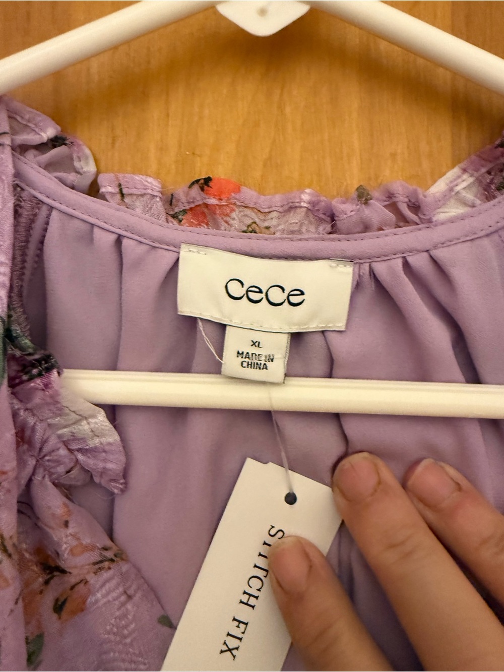 CeCe Lavender Floral Ruffle-Neck Smocked Waist Blouse - Picture 3 of 5